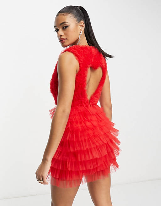 Lace & Beads exclusive heart cut-out back tulle mini dress in red