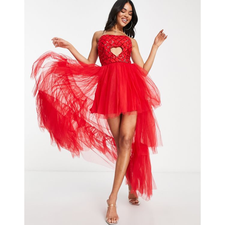 Lace & Beads corset tulle overlay mini dress in red