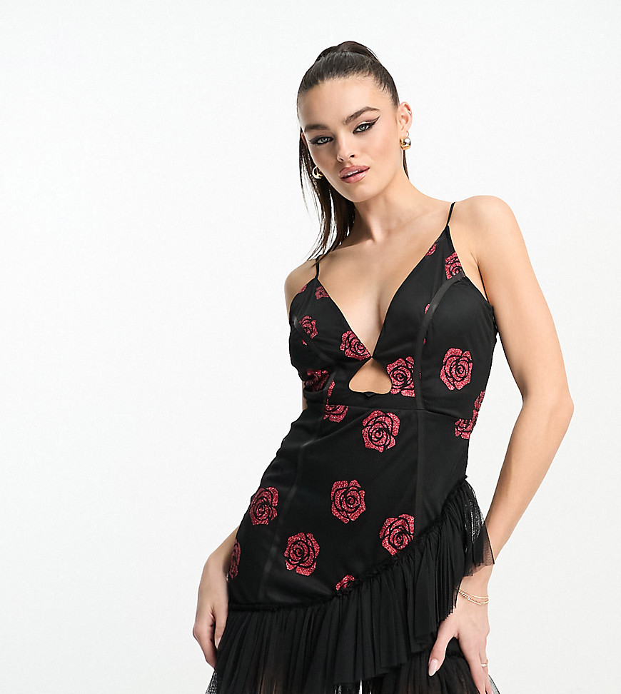 Lace & Beads Exclusive heart cut-out tulle mini dress in glitter rose-Black