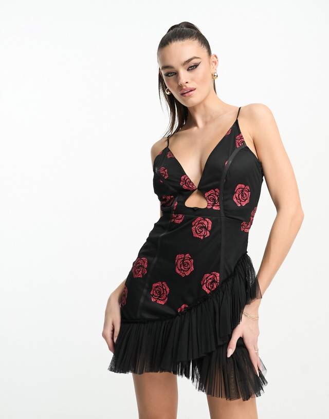 Lace & Beads Exclusive heart cut-out tulle mini dress in glitter rose