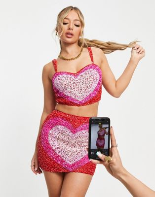 Lace & Beads exclusive heart embellished crop top co-ord in red and pink