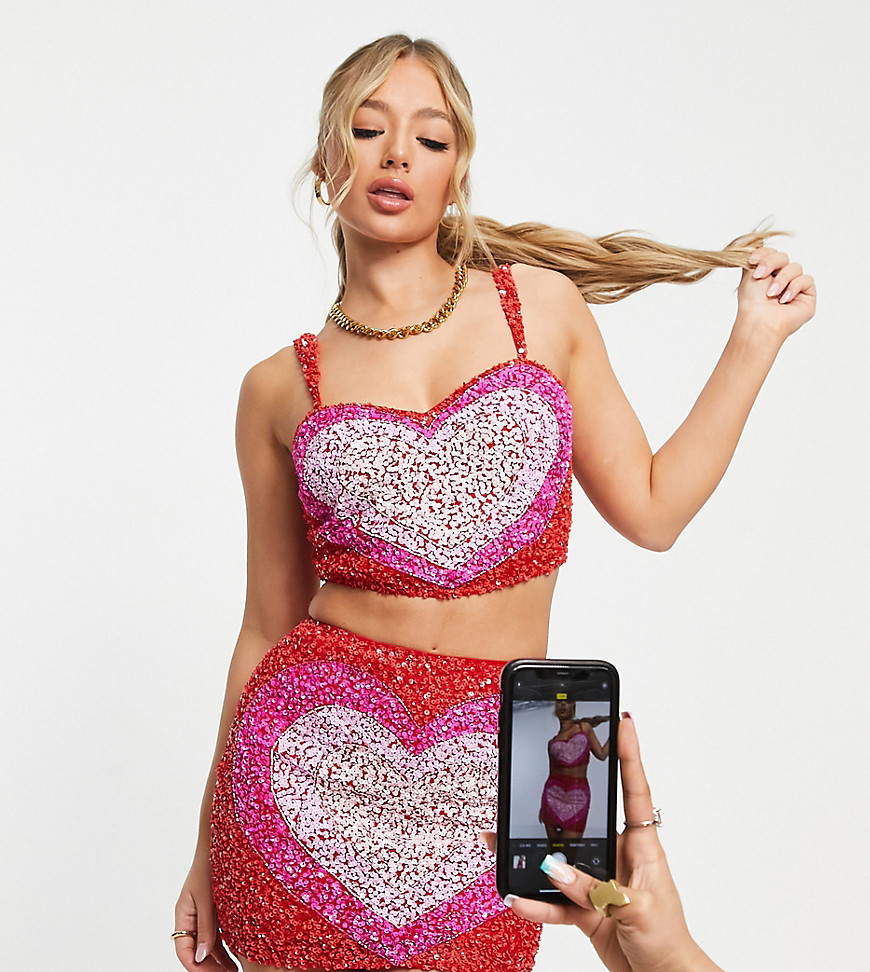 Lace & Beads Exclusive heart embellished crop top in red and pink - part of a set