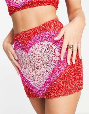 Lace & Beads exclusive heart embellished mini skirt in red and pink - part of a set