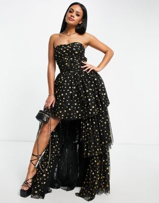 Lace & Beads exclusive high low tulle maxi dress in black glitter star