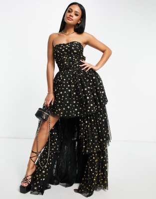 Lace & Beads exclusive high low tulle maxi dress in black glitter star