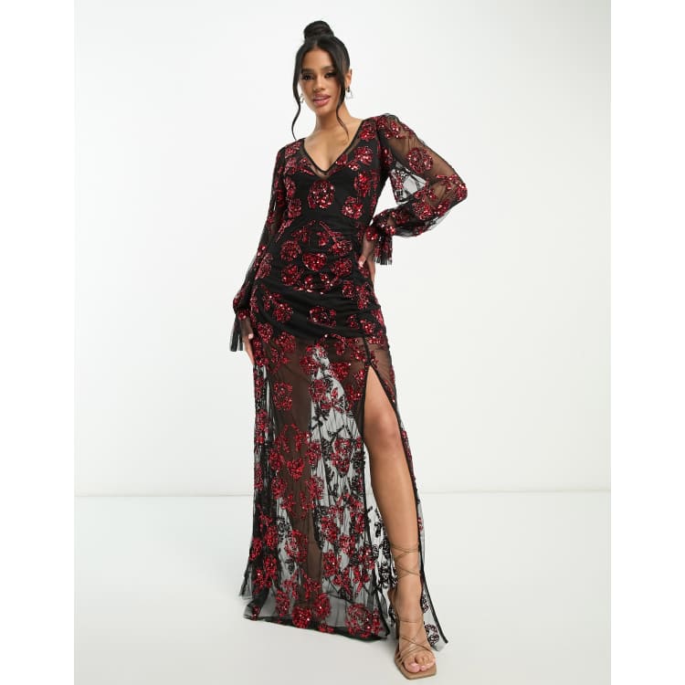 Lace Beads exclusive long sleeve maxi dress in red mixed applique