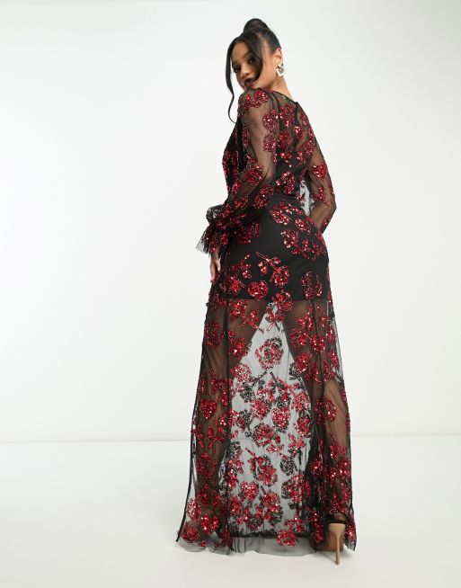 Lace & Beads exclusive long sleeve maxi dress in red mixed applique