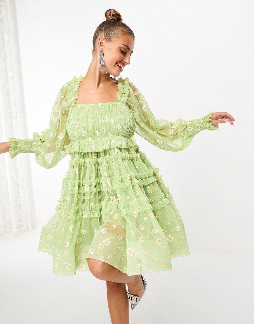 Lace & Beads exclusive long sleeve tulle smock mini dress in green daisy-Multi