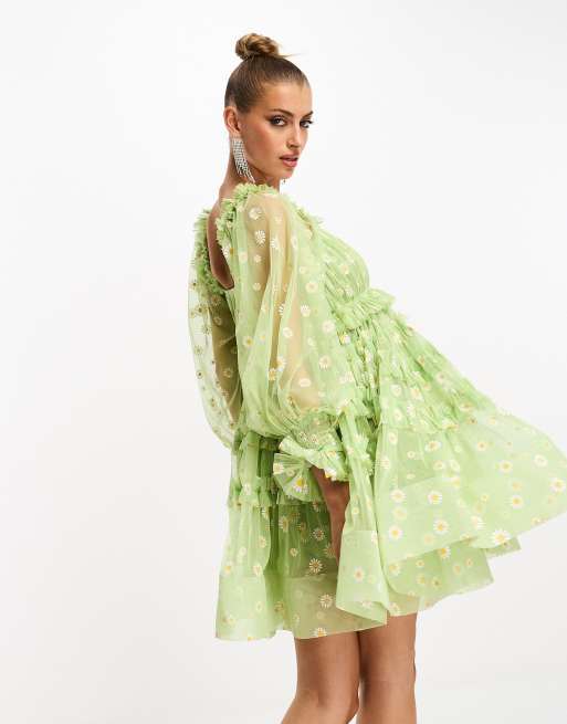 Lace Beads exclusive long sleeve tulle smock mini dress in green daisy