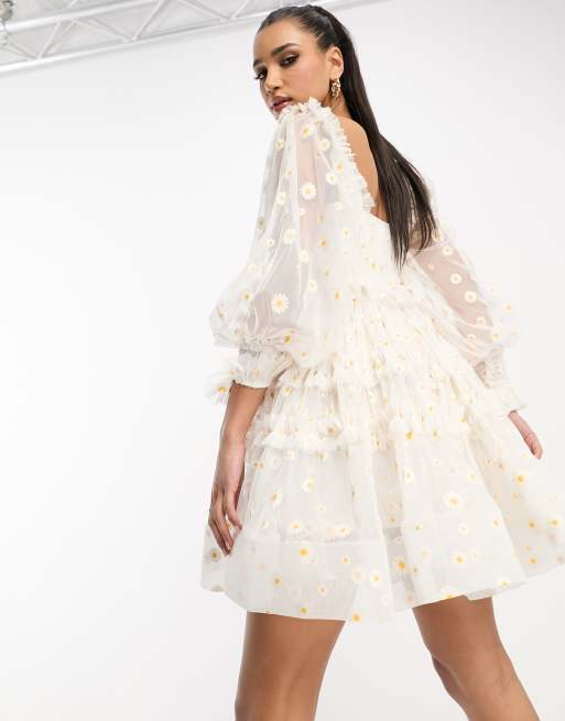 Lace & Beads exclusive long sleeve tulle smock mini dress in white daisy, 2 of 4