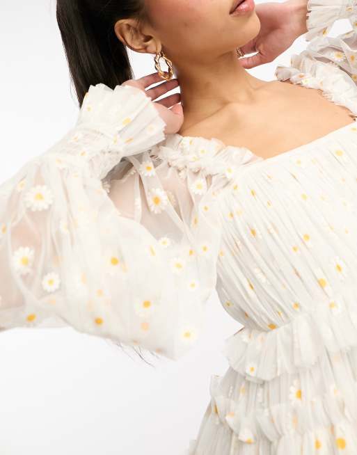 Lace & Beads exclusive long sleeve tulle smock mini dress in white daisy, 4 of 4