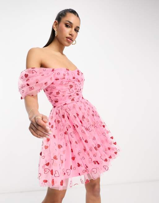 Lace & Beads - Exclusive - Mini jurk van tule met overslag in roze met rode hartjes, 3 van 4