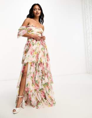 Lace & Beads exclusive off shoulder high low maxi dress in bright floral-White