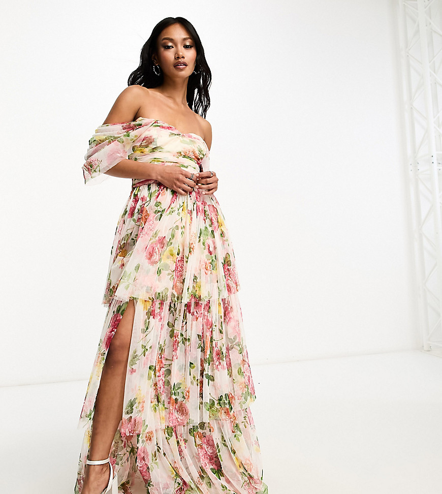 Lace & Beads exclusive off shoulder high low maxi dress in bright floral-White