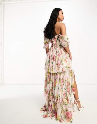 Lace & Beads exclusive off shoulder high low maxi dress in bright floral