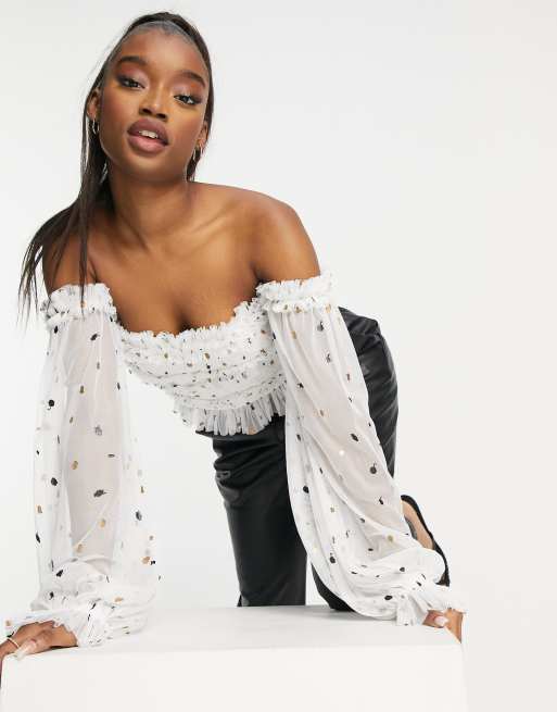 Lace Beads Exclusive off shoulder ruffle top in glitter polka