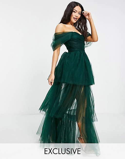Lace & Beads exclusive off shoulder tulle maxi dress in emerald green