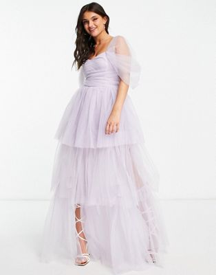 Lace & Beads exclusive off shoulder tulle tiered maxi dress in lilac