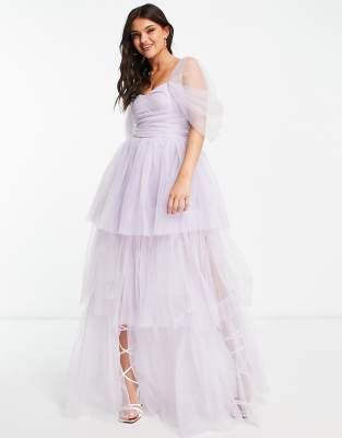 Lace & Beads exclusive off shoulder tulle tiered maxi dress in lilac-Gray