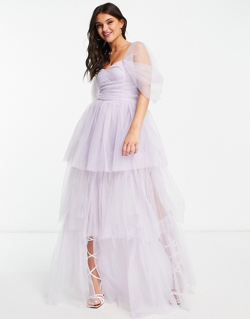 exclusive off shoulder tulle tiered maxi dress in lilac-Gray