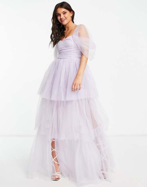 Lace & Beads exclusive off shoulder tulle tiered maxi dress in