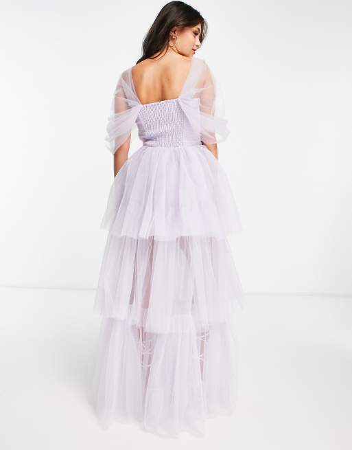 lace & beads layered tulle bardot maxi dress in lilac Natalia Tulle Maxi Dress in Plum  Lace & Beads