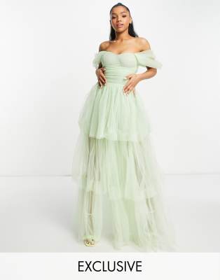 Lace & Beads tulle tiered maxi dress in olive green