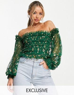 Lace & Beads exclusive off shoulder tulle top in emerald green zodiac
