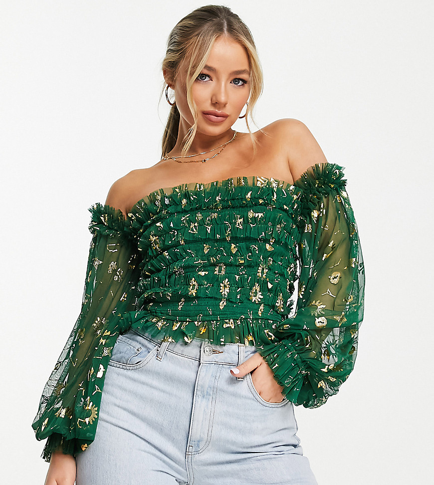 Lace & Beads Exclusive off-shoulder tulle top in emerald green zodiac