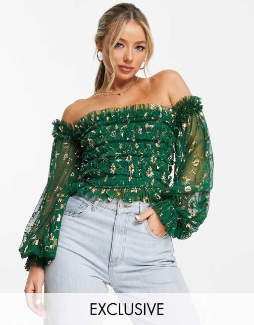 Green off discount the shoulder blouse