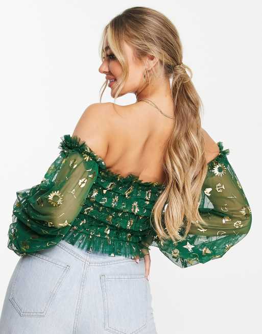 Lace Beads Exclusive off shoulder tulle top in emerald green zodiac