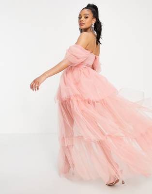 pink tulle off the shoulder dress