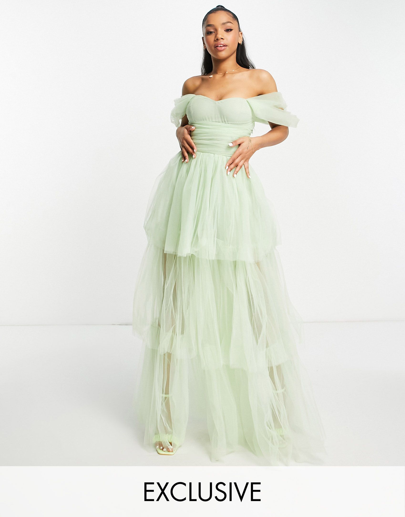 Lace & Beads exclusive off-the-shoulder tulle tiered maxi dress in sage green, 1 of 4
