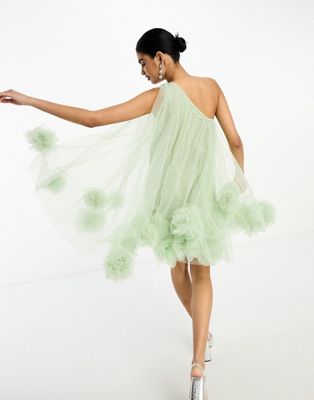 Lace & Beads exclusive one shoulder ruffle hem tulle mini dress in sage