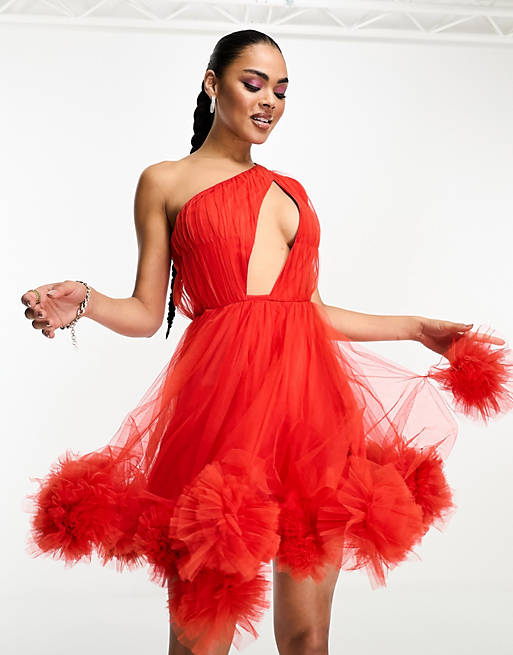 Lace & Beads exclusive one shoulder ruffle hem tulle mini dress in red