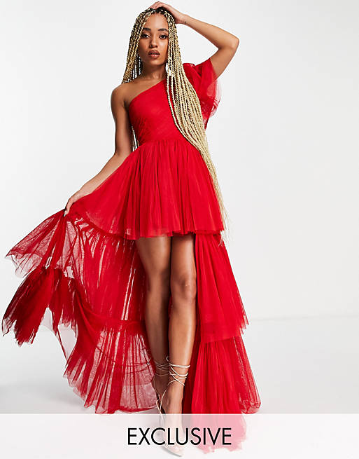 Lace & Beads exclusive one shoulder tiered tulle maxi dress in red