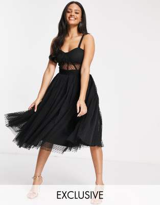 exclusive prom midi dress with mesh corset waist detail in black