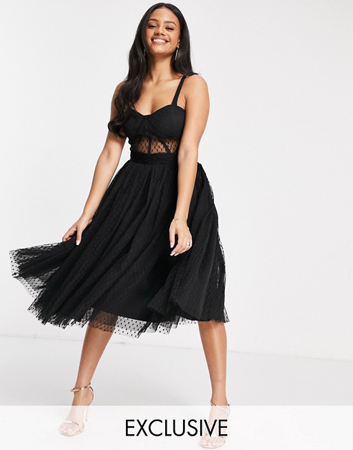 Lace & Beads exclusive prom midi dress with mesh corset waist detail in black dobby mesh