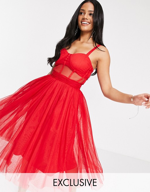 Lace & Beads exclusive prom midi dress with mesh corset waist detail in red