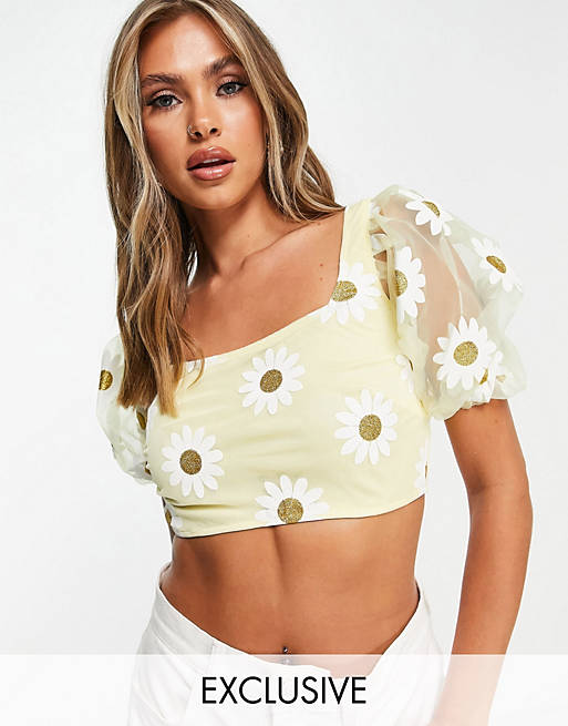 Lace & Beads exclusive puff sleeve crop top co-ord in glitter yellow daisy