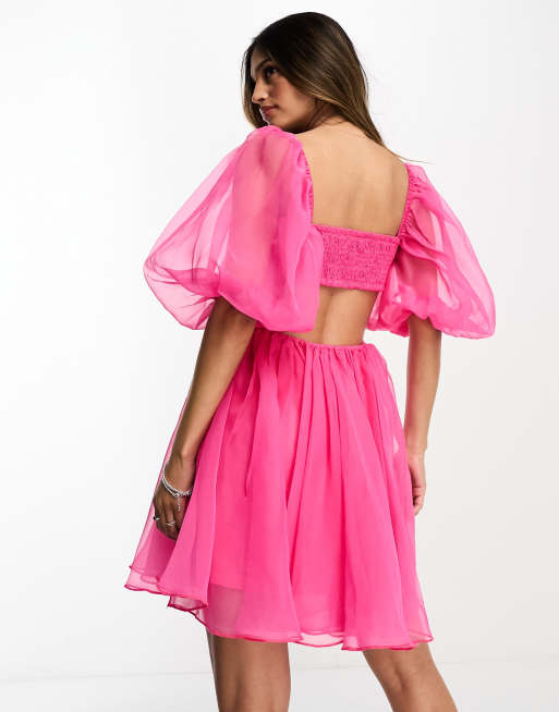 Lace & Beads exclusive puff sleeve organza mini dress in pink, 4 of 4