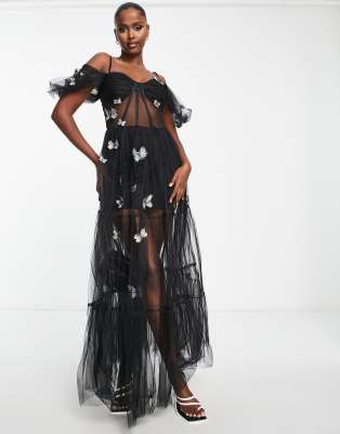 Lace & Beads Exclusive Sheer Corset 3d Butterfly Print Embroidered Dress In Black