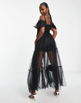 Lace & Beads exclusive sheer corset 3D print embroidered dress in black