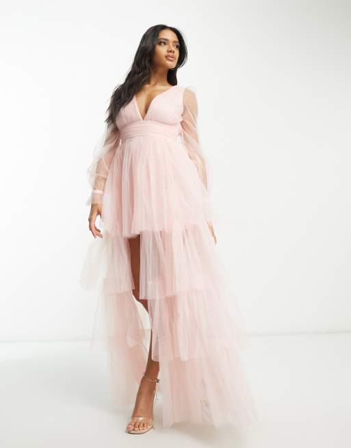 Lace & Beads Bridesmaid sheer one shoulder tulle midi dress in blush