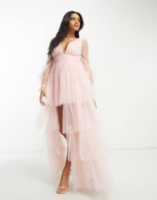 Lace & Beads exclusive sheer sleeve tiered high low maxi dress n blush-Pink