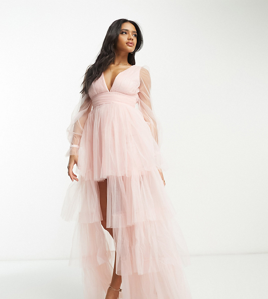 Lace & Beads exclusive sheer sleeve tiered high low maxi dress n blush-Pink