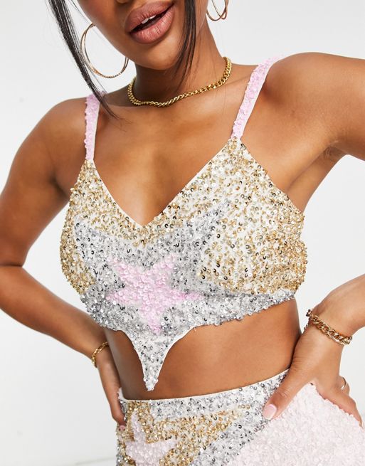 Lace & Beads exclusive star crop top in sequin (part of a set)