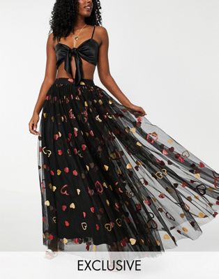 Lace & Beads exclusive statement tulle maxi skirt in black and red heart