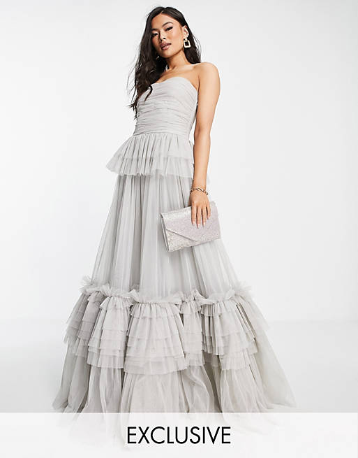 Lace & Beads exclusive strapless tulle maxi dress in grey
