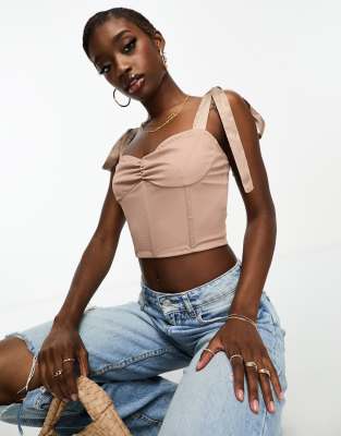 exclusive tie shoulder corset top in mink-Pink